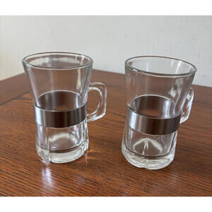 Vintage Glass & Stainless Steel Coffee Mugs Cappuccino Irish MCM Coffee Cups 4½"